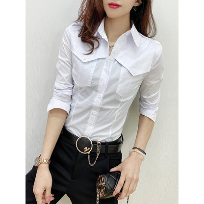 New Fall Winter European Clothes Shirts Office Lady Pockets Blouses Fashion Sexy Button Up Women's Long Sleeve Tops 311127