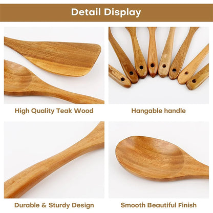 LMETJMA 10 Pack Natural Teak Wooden Kitchen Utensil Set Wooden Spoons Spatula Cooking Utensil Set For Cooking Baking JT503