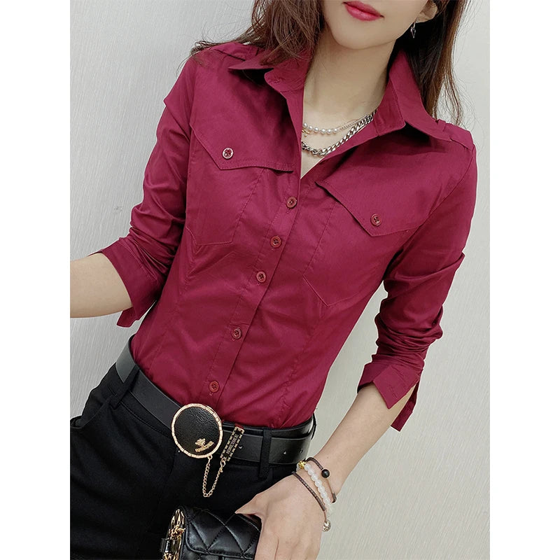 New Fall Winter European Clothes Shirts Office Lady Pockets Blouses Fashion Sexy Button Up Women's Long Sleeve Tops 311127