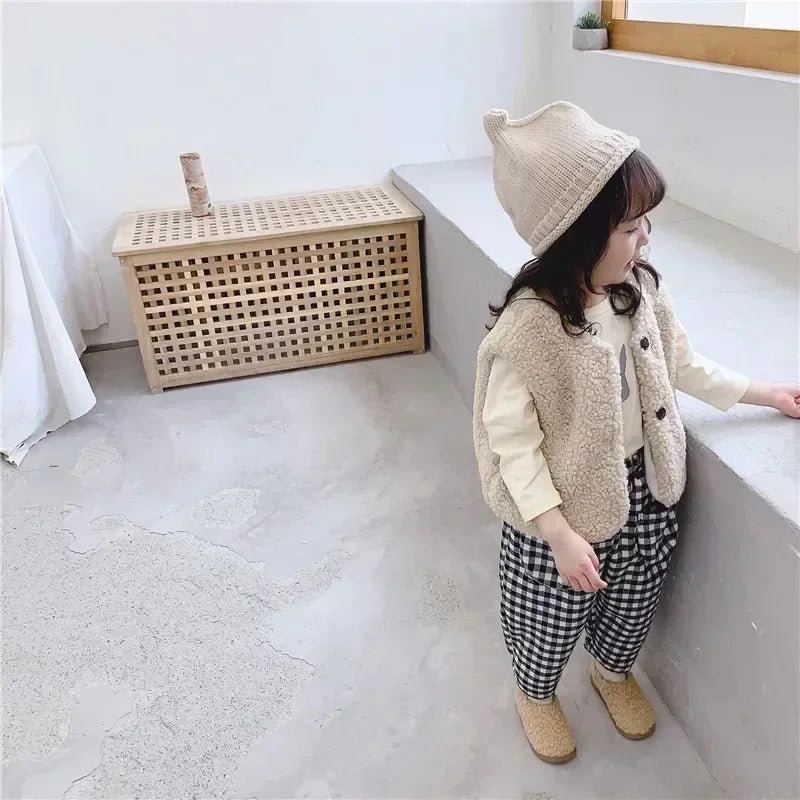 Autumn Winter Baby Plus Velvet Waistcoat Girls Boys Plush Vest Single Breasted V Neck Child Warm Fashion Warm Teddy Hair Coat