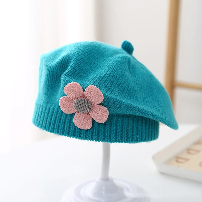 Flower Baby Beret Hat Winter Warm Knitted Beanie Cap for Infant Girls Korean Toddler Princess Artist Solid Color Painter Caps