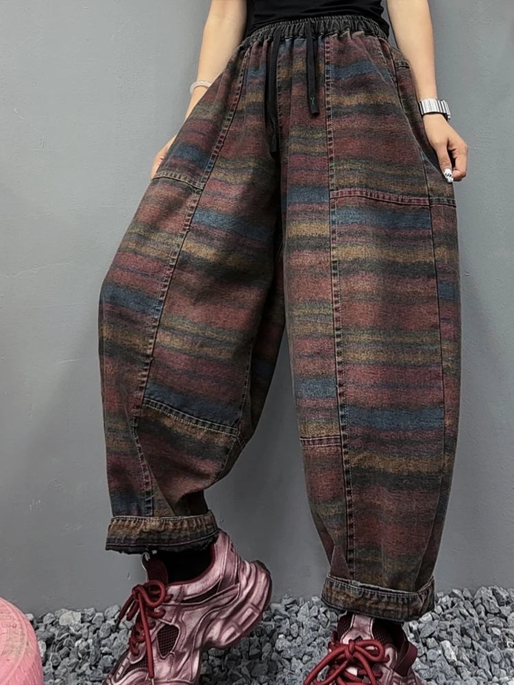 Amax LuluE Fall Korean Casual Jeans Womens Classic Striped Fashion Vintage Denim Pants Ladies Loose Elastic Waist Harem Trousers