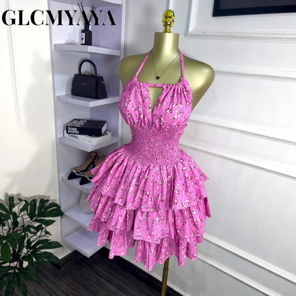 Floral Printed Halter Ruffles Midi A-line Tiered Mini Dress Fall Vacation Elegant Evening Birthday Party Dresses