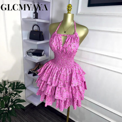 Floral Printed Halter Ruffles Midi A-line Tiered Mini Dress Fall Vacation Elegant Evening Birthday Party Dresses