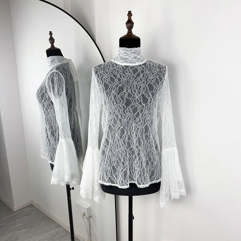 Tornova Sexy Lace Women's T shirt Ruffled Sleeve Ribbon Blouse Fashion Pullover Fall Winter Casual Office Lady T shirt