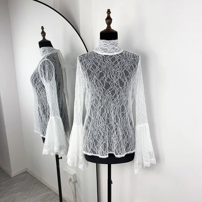 Tornova Sexy Lace Women's T shirt Ruffled Sleeve Ribbon Blouse Fashion Pullover Fall Winter Casual Office Lady T shirt