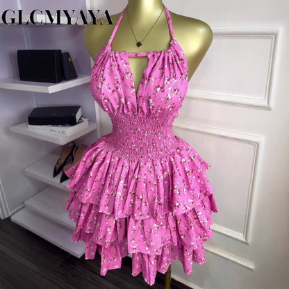 Floral Printed Halter Ruffles Midi A-line Tiered Mini Dress Fall Vacation Elegant Evening Birthday Party Dresses