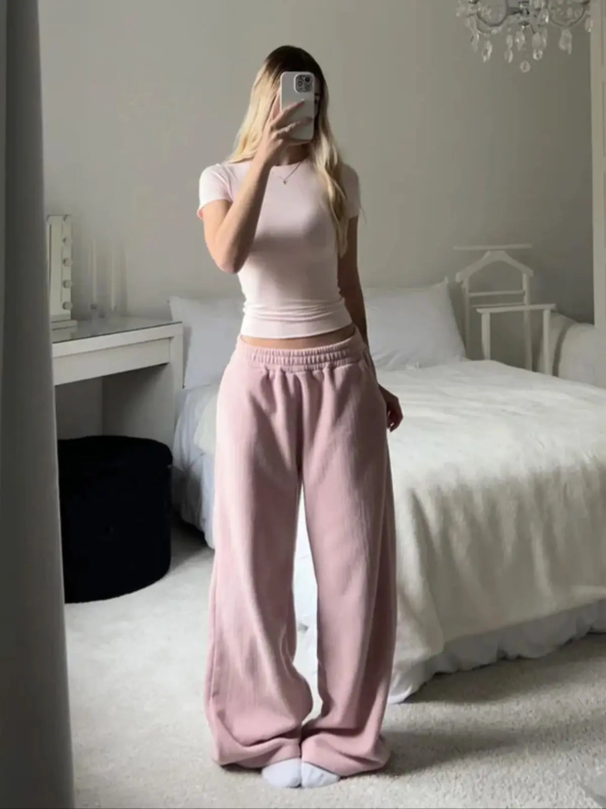 Women's Fall Winter Casual Wide Leg Pants, Comfortable Loose Fit Home Wear, Simple Solid Color Daily Clothing