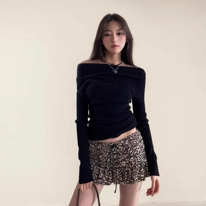 Fall Leopard Print Mini Skirt Retro American Style Drawstring Waist A Line Skirt for Women
