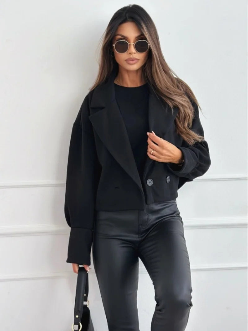 Women's Cropped Wool Blend Coat with Notch Lapel and Double Breasted Button Closure for Fall Winter Fashion