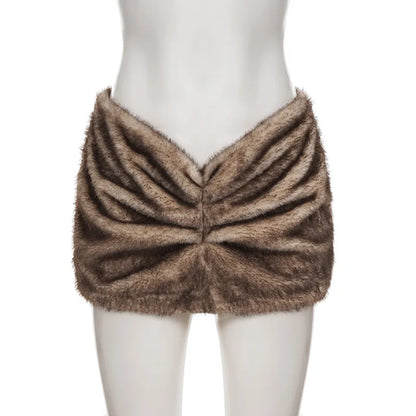 ANJAMANOR Faux Fur Furry Skirts for Woman Sexy Club Wear Low Rise Mini Skirts Women Fall Winter Clothes