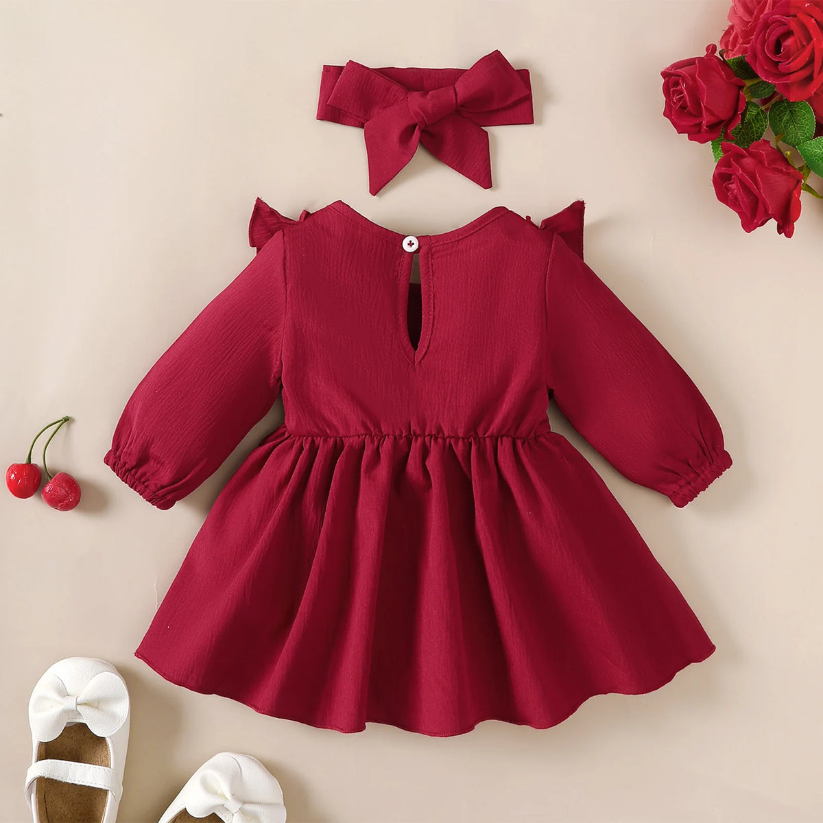 Baby Girl Autumn Dress Ruffled Edges and Bow, Long-Sleeved Dress+Headband for 0-18 Months Cute Baby Girl Holiday Party Costume