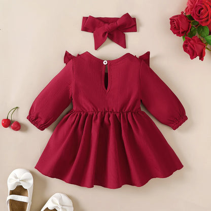 Baby Girl Autumn Dress Ruffled Edges and Bow, Long-Sleeved Dress+Headband for 0-18 Months Cute Baby Girl Holiday Party Costume