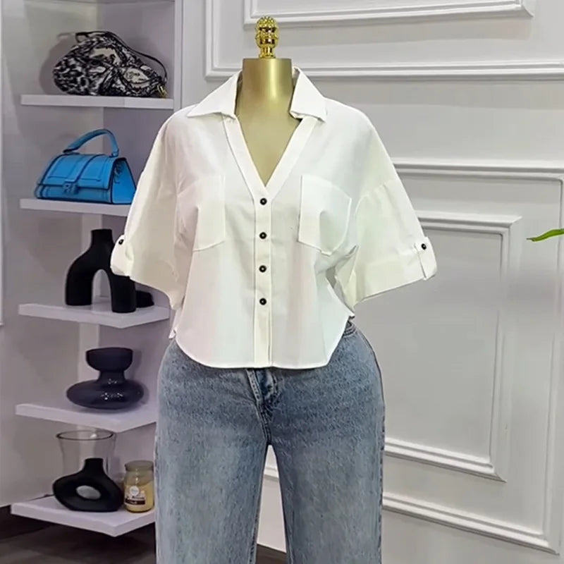 Fall Autumn Women Half Sleeve Single Breasted Blouse and Shirt V-neck Pockets Street Casual Loose OL Tops Shirts