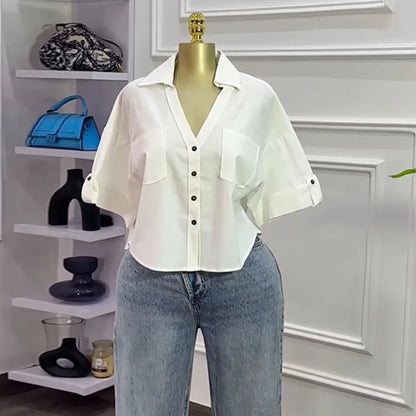 Fall Autumn Women Half Sleeve Single Breasted Blouse and Shirt V-neck Pockets Street Casual Loose OL Tops Shirts