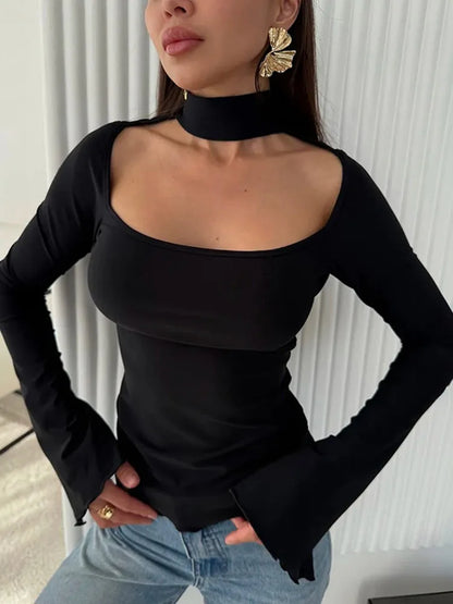 Women'S Fall/Winter New Arrival Solid Color Hanging Neck Square Collar Slim-Fit Elegant Slit Long-Sleeve Causal Top
