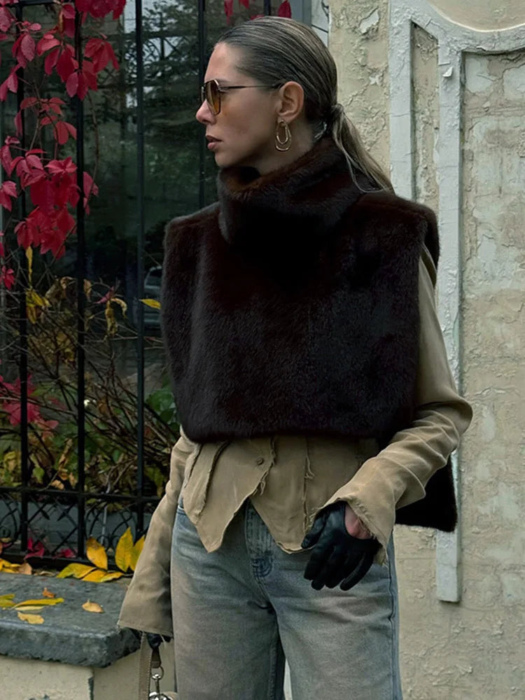 Solid Color Half Turtleneck Furry Sleeveless Top Patchwork Short Section Pullover Top Fall Woman'S Clothing Street