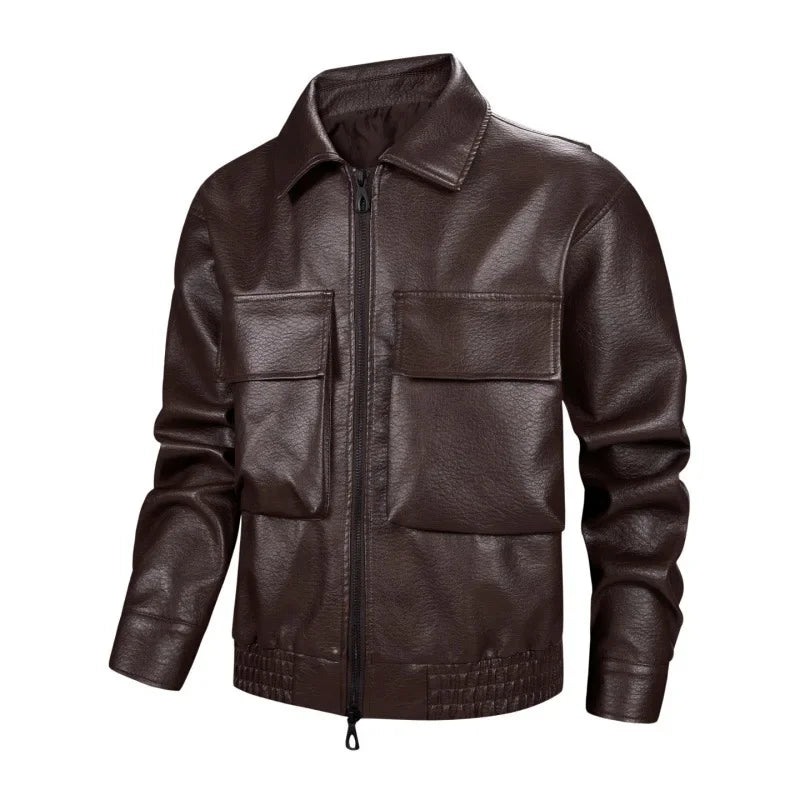 Men Trend Motorcycle Leather Jacket Bomber Pilot Retro Loose Pu Short Leather Jacket Autumn Winter New Lapel Big Pocket Coat