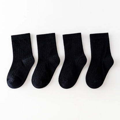 Four Pairs of Children's Socks for Spring and Autumn, Striped Versatile Style, Mid-Calf Socks with a School Style.