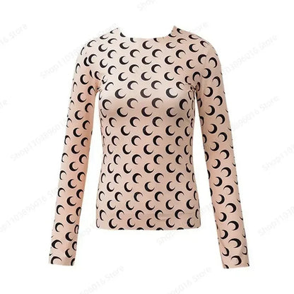 Moon Printed Tshirt Graphic Top for Women Stretchy Slim Korean Fall Spring Long Sleeve Tees Y2k Grunge T-Shirt 2000s Clothes