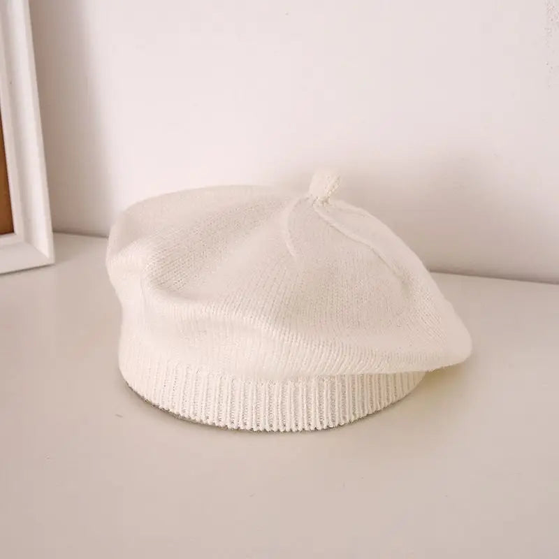 Flower Baby Beret Hat Winter Warm Knitted Beanie Cap for Infant Girls Korean Toddler Princess Artist Solid Color Painter Caps