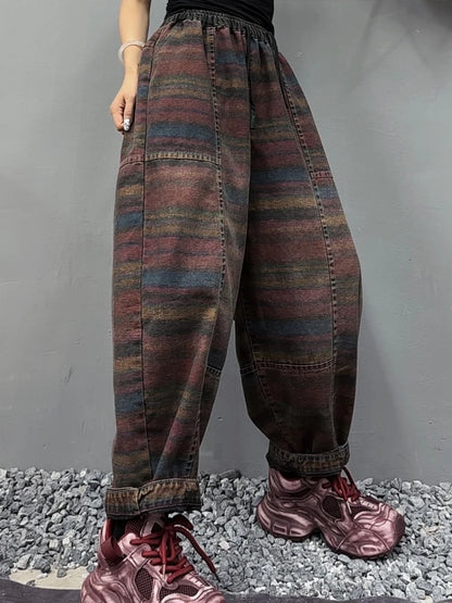Amax LuluE Fall Korean Casual Jeans Womens Classic Striped Fashion Vintage Denim Pants Ladies Loose Elastic Waist Harem Trousers