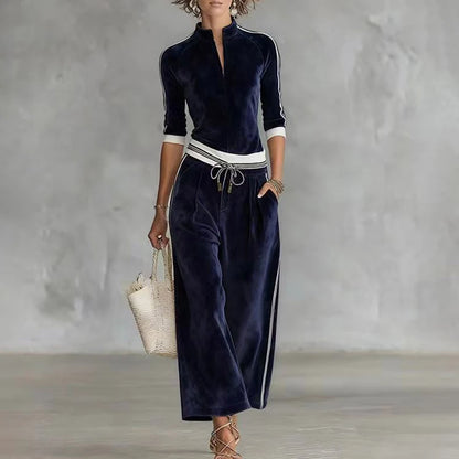 Fall Winter Solid Velvet Clothes Woman Turtleneck Zipper Top Cardigan & Wide Leg Pants Set Retro Contrast Sportswear Suit Outfit