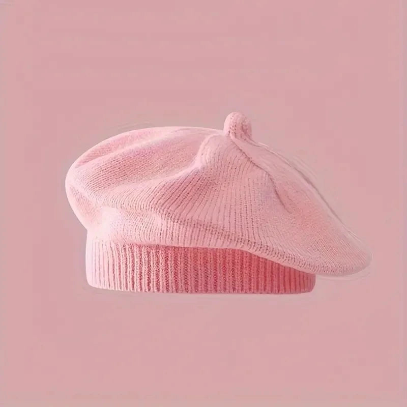 Flower Baby Beret Hat Winter Warm Knitted Beanie Cap for Infant Girls Korean Toddler Princess Artist Solid Color Painter Caps