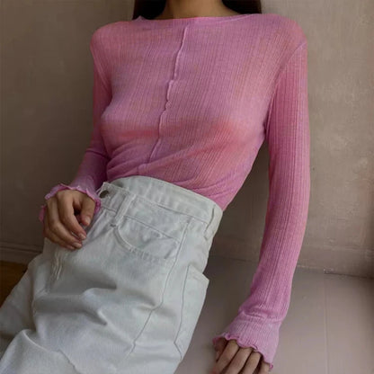 Casual Full Sleeve Round Collar T-shirt See-Through Slim Spring Fall Tee Female Fashion Solid Clothing Streetwear