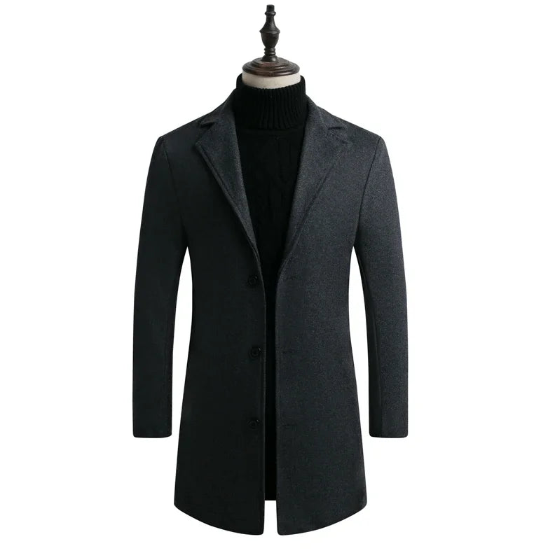 Spring Autumn New Long Cotton Coat New Wool Blend Pure Color Casual Business Fashion Men's Clothing Slim Windbreaker Jacket