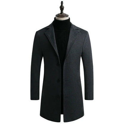 Spring Autumn New Long Cotton Coat New Wool Blend Pure Color Casual Business Fashion Men's Clothing Slim Windbreaker Jacket