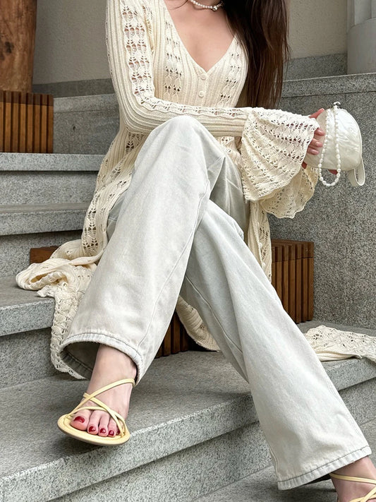 Women Knit Dress Long Sleeve Button Closure Cardigan Hollow Out Long Dress Top for Daily Street Summer Fall