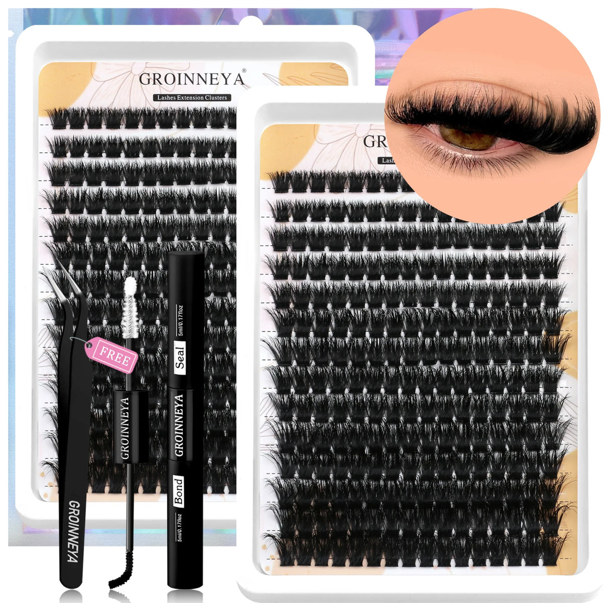 GROINNEYA Lash Clusters Kit With Waterproof Strong Hold DIY Lash Extension Kit Lash Bond And Seal And Eyelash Tweezers Makeup