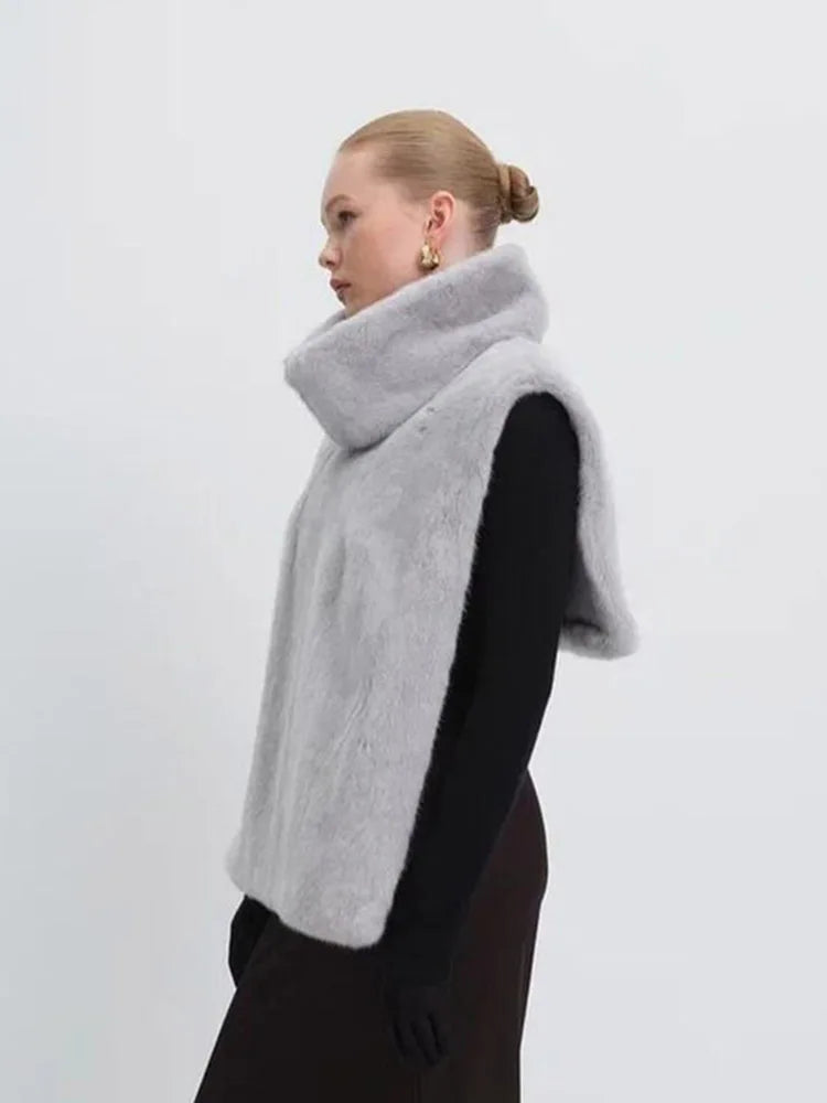 Solid Color Half Turtleneck Furry Sleeveless Top Patchwork Short Section Pullover Top Fall Woman'S Clothing Street