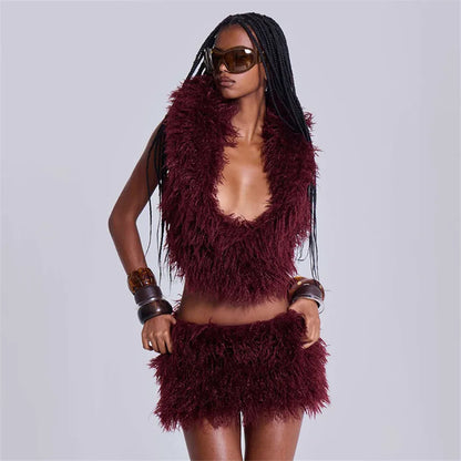 Fashion Faux Fur 2 Piece Set Women Lace Up Backless Hooded Tank Tops + Bodycon Mini Skirts Casual Street Suits