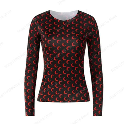 Moon Printed Tshirt Graphic Top for Women Stretchy Slim Korean Fall Spring Long Sleeve Tees Y2k Grunge T-Shirt 2000s Clothes