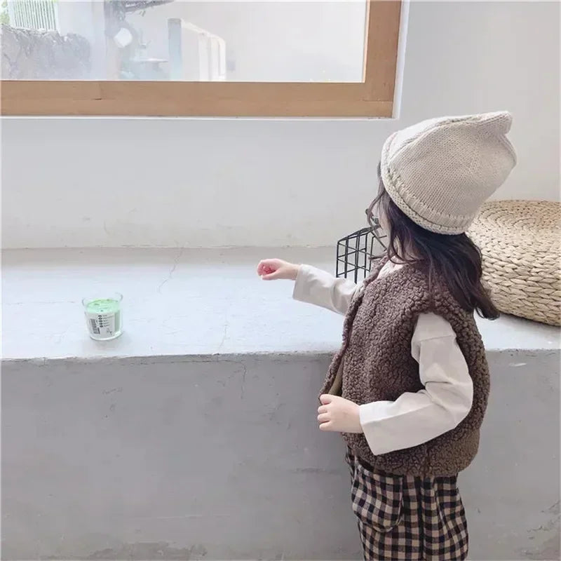 Autumn Winter Baby Plus Velvet Waistcoat Girls Boys Plush Vest Single Breasted V Neck Child Warm Fashion Warm Teddy Hair Coat