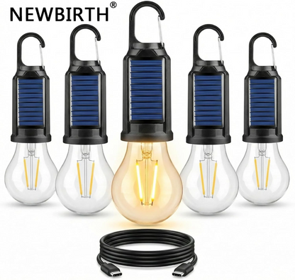 Vintage Solar & USB Rechargeable Camping Lantern LED Retro Tungsten Lamp Multifunctional Atmosphere Tent Light Bulb for Outdoor