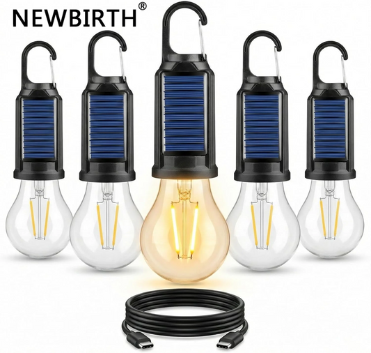 Vintage Solar & USB Rechargeable Camping Lantern LED Retro Tungsten Lamp Multifunctional Atmosphere Tent Light Bulb for Outdoor