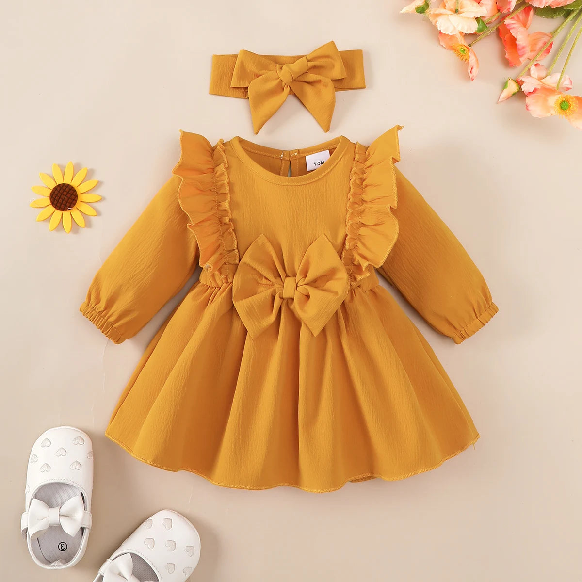 Baby Girl Autumn Dress Ruffled Edges and Bow, Long-Sleeved Dress+Headband for 0-18 Months Cute Baby Girl Holiday Party Costume