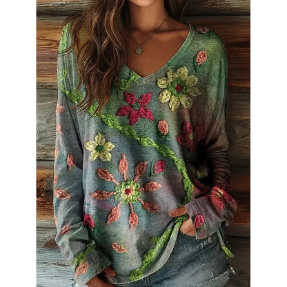 Vintage Women's T-Shirt Floral Graphic Plants Elegant Fashion Tee Long Sleeve T-shirts V-Neck Regular Tops Pullover Fall Winter