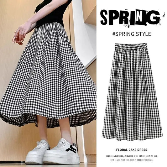 Black White Checkered A-line Skirt Women Summer Lightweight High Waisted Long Skirt