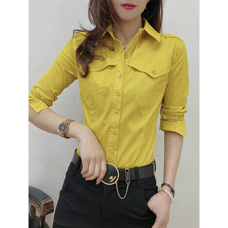 New Fall Winter European Clothes Shirts Office Lady Pockets Blouses Fashion Sexy Button Up Women's Long Sleeve Tops 311127