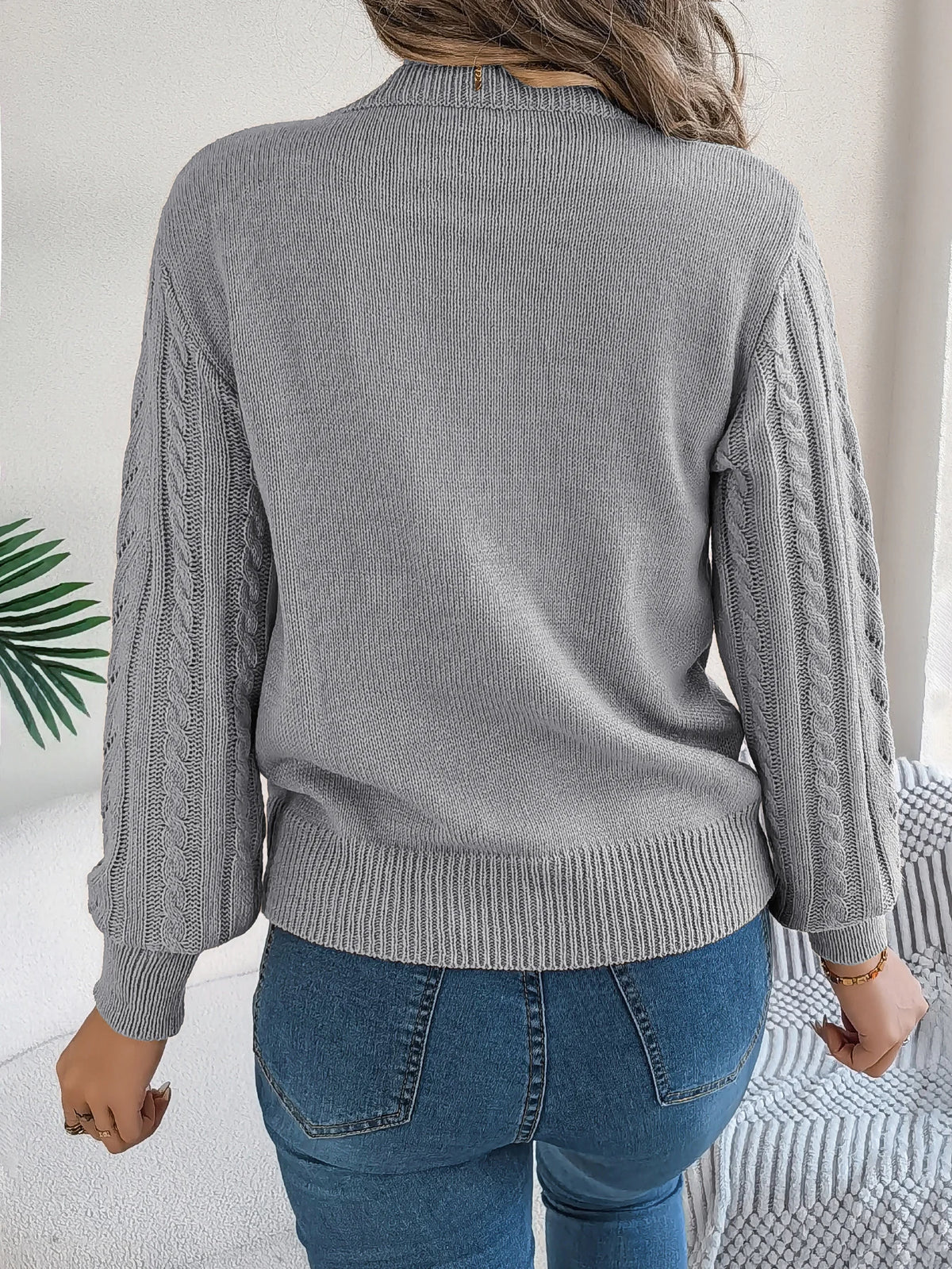 Women Solid Openwork Knit Pullover Round Neck Long Sleeve Cozy Fall Winter Resort Ready Sweater Top