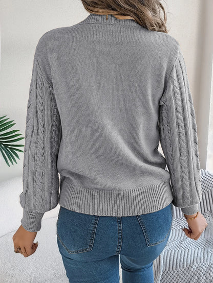 Women Solid Openwork Knit Pullover Round Neck Long Sleeve Cozy Fall Winter Resort Ready Sweater Top