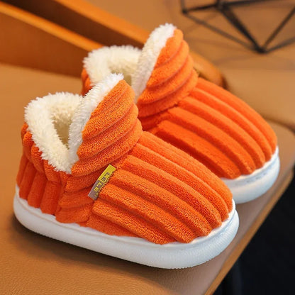New Winter Simplicity Stripe Plush Slippers Children's Non-slip Soft Sole Kids Boys Girls Heel Wrap Warm High Home Cotton Shoes