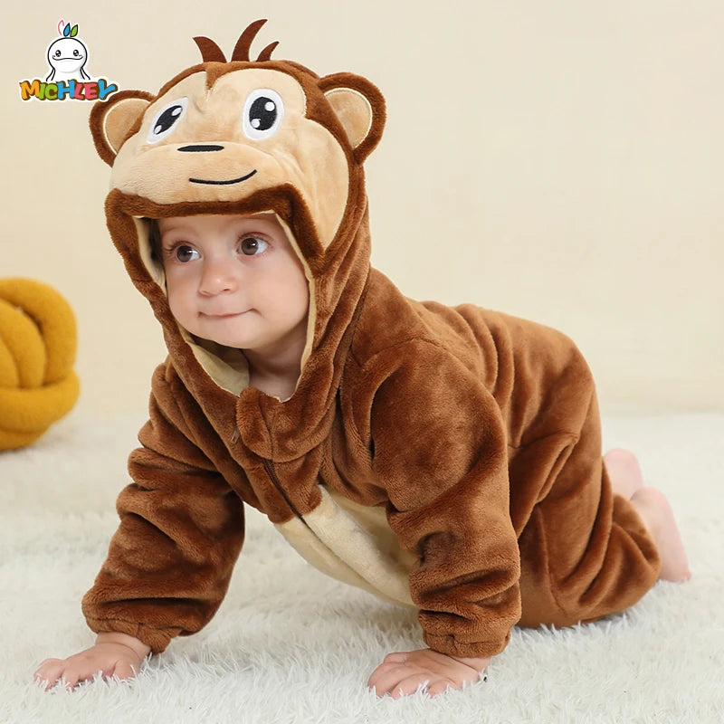 MICHLEY Carnaval Baby Cartoon Romper Winter Newborn Monkey Hooded Infant Clothing Boy Girl Pajamas Animal Onesie Jumpsuit