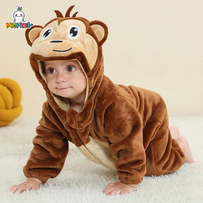MICHLEY Carnaval Baby Cartoon Romper Winter Newborn Monkey Hooded Infant Clothing Boy Girl Pajamas Animal Onesie Jumpsuit