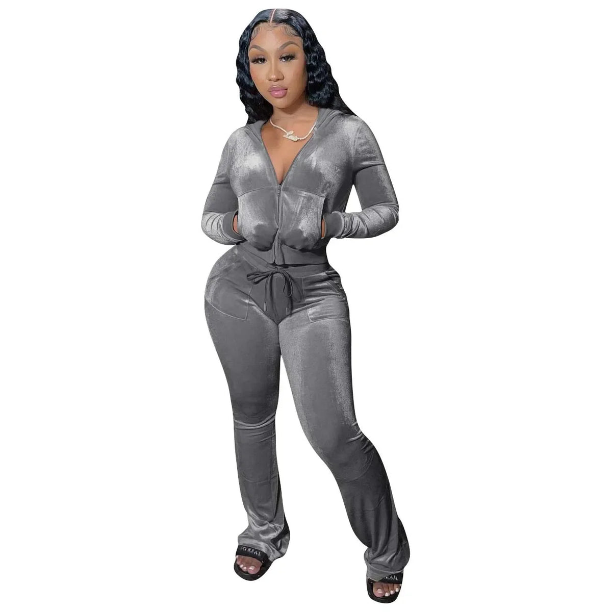 Hot Sale Fall Women's hoodie Set Zipper Pocket Crop Top Jacket Velvet Jogging suit Velour tracksuits Women Two Piece set