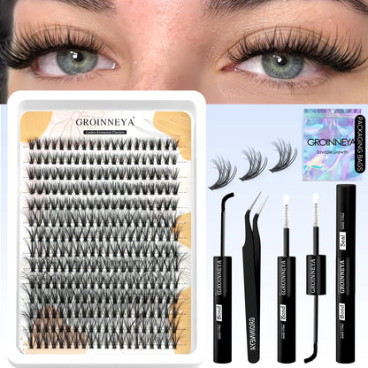 GROINNEYA Lash Clusters Kit With Waterproof Strong Hold DIY Lash Extension Kit Lash Bond And Seal And Eyelash Tweezers Makeup